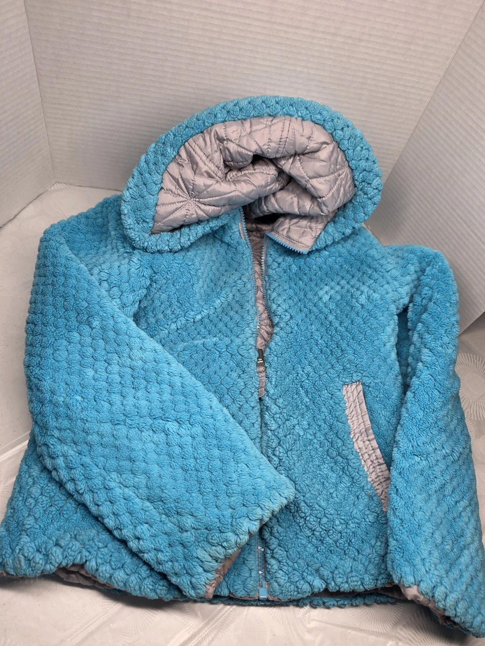 Pacific Trail Girls Light Gray Quilted Puffer with Bright Blue Sherpa Hood